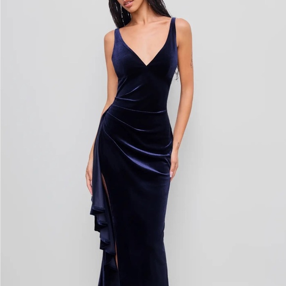 Cider Dresses & Skirts - VELVET NAVY INDIGO V-NECK SPLIT RUFFLE HEM MAXI SLEEVELESS V NECK DRESS